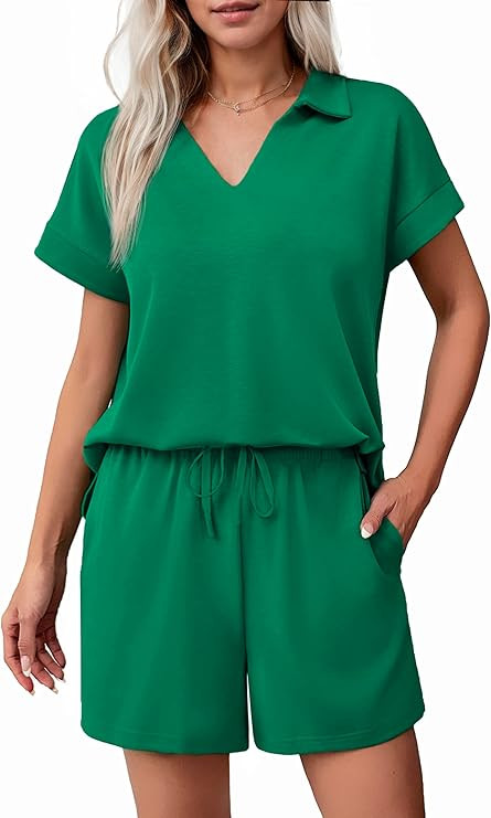 PINSPARK 2 Piece Sets for Women Summer Lounge Sets Short Sleeve Sweatsuit V-neck Tops and Drawstr... | Amazon (US)