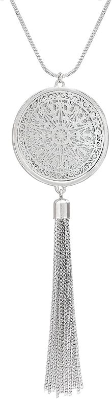 Long Necklaces For Woman Disk Circle Pendant Necklaces Tassel Fringe Necklace Set Statement Penda... | Amazon (US)