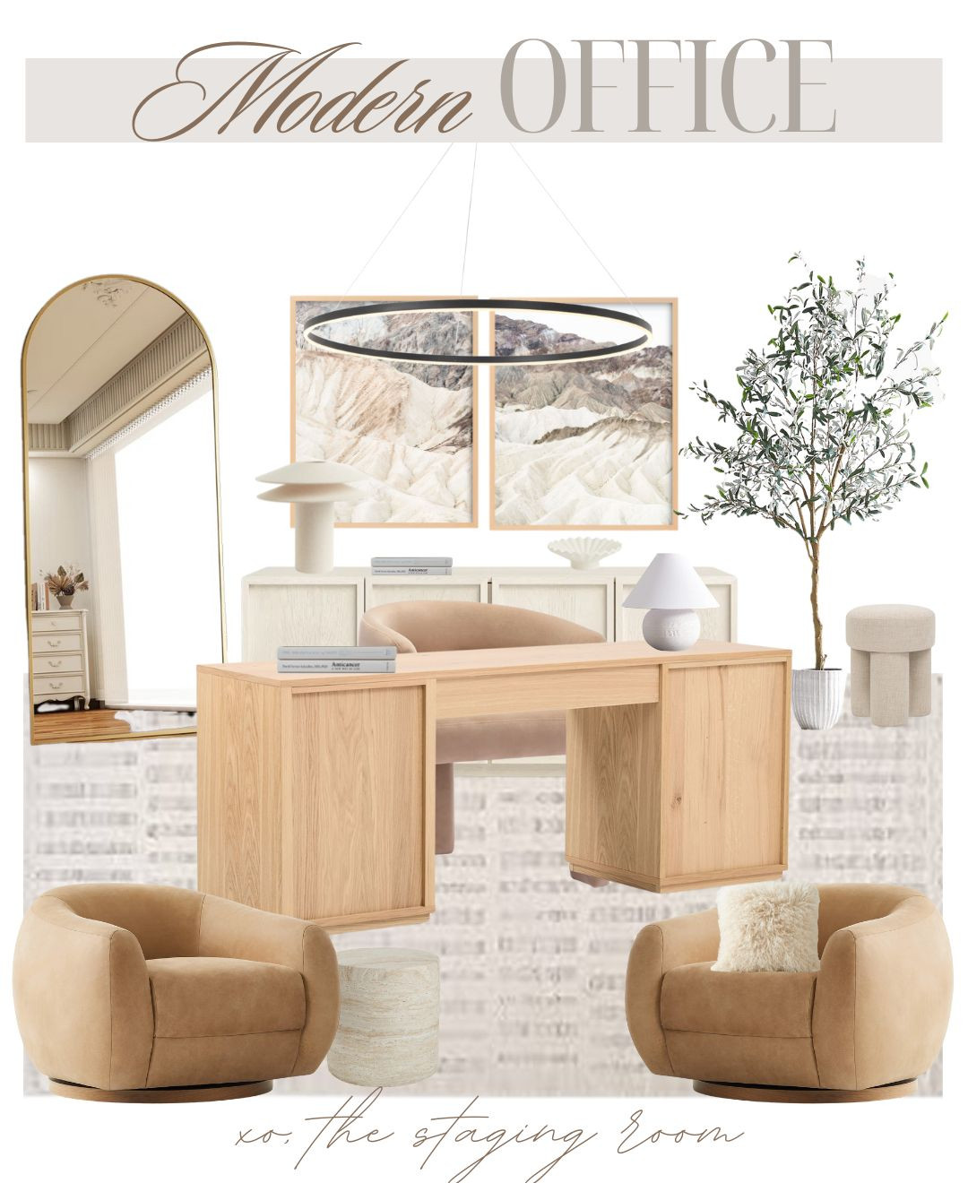 Warm Organic Modern Home Office 🤍

——
#homeoffice #officerefresh #homedecor #wfh #officedecor #ltkhome #desk #deskstorage #mirror #accentchair #arearug #chandelier #wayfairfinds #explore 
 

#LTKcanada #LTKsale #LTKcasa