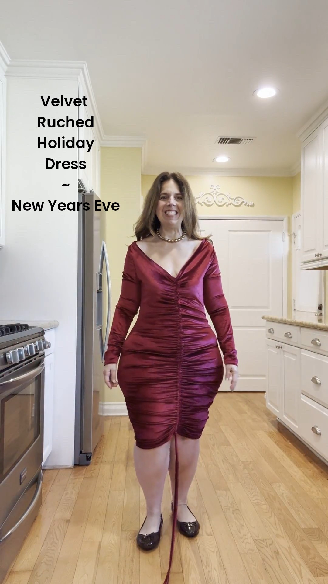 For New Years Eve Celebrations, 
let’s wear this ruched cranberry velvet midi dress more off the shoulder to accentuate the decolette and be sure to adjust to the length you want but BE Sure to hide those ties cause they are so long! #velvetdress #newyearsoutfit

#LTKOver40 #LTKHoliday #LTKMidsize