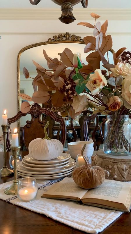 Easy fall arrangement and table centerpiece with affordable staples paired with target and Walmart finds! 

Ornate Dinner plates
Pumpkins
Fall Florals 
Grain Sack Towel

#LTKSeasonal #LTKunder50 #LTKhome