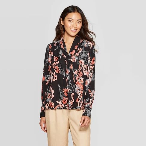 Women's Floral Print Regular Fit Long Sleeve Sweetheart Neck Chiffon Blouse - A New Day™ Black | Target