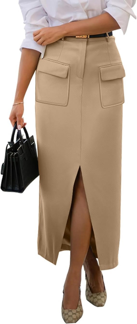 KIRUNDO Women's High Waisted Cargo Midi Skirt Trendy Summer Pencil Slit Dressy Casual Business Wo... | Amazon (US)