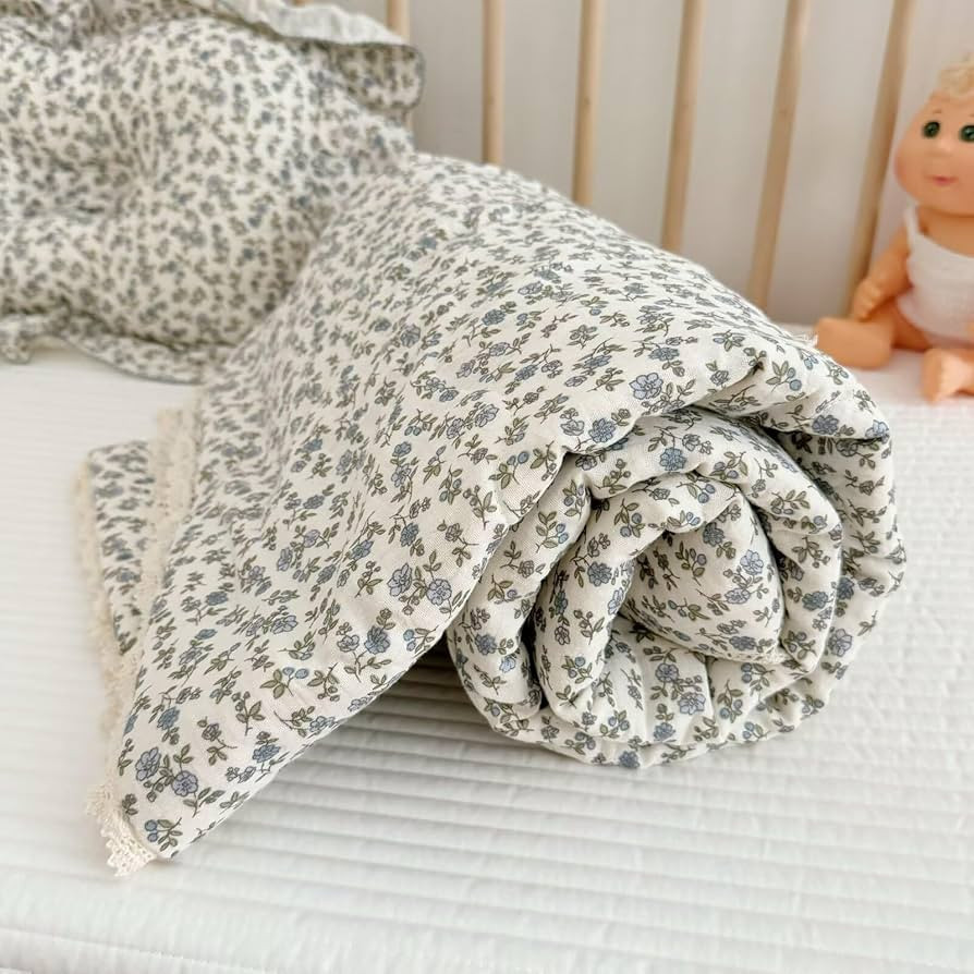 BuLuTu Cotton Muslin Toddler Blanket Blue Floral Print Kids Quilts for Crib Cot Soft Lightweight ... | Amazon (US)