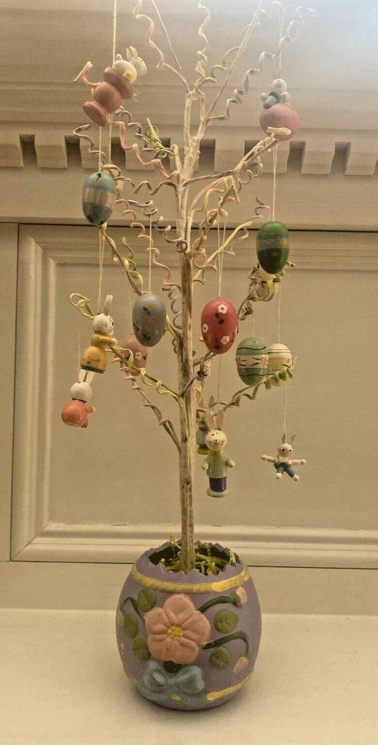 Vintage Easter Tree With 16 Hand Painted Wood Ornaments 20" Tall in Ceramic Pot  | eBay | eBay US