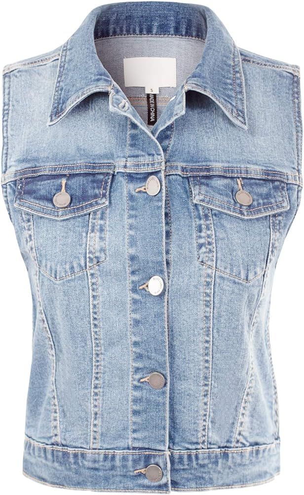 Design by Olivia Women's Classic Sleeveless Stone Wash Distressed Denim Vest | Amazon (US)