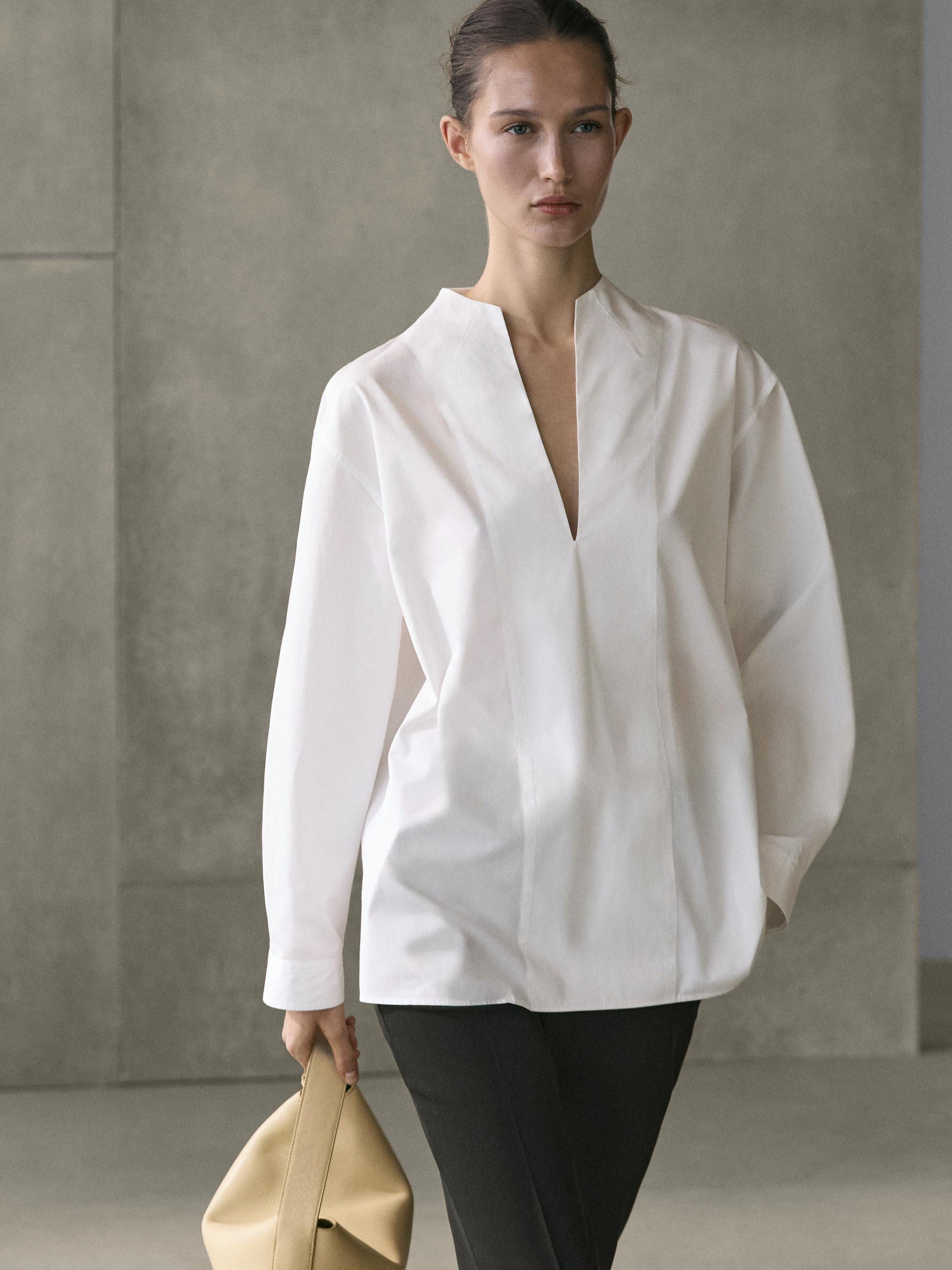 Poplin shirt with chest detailing | Massimo Dutti US