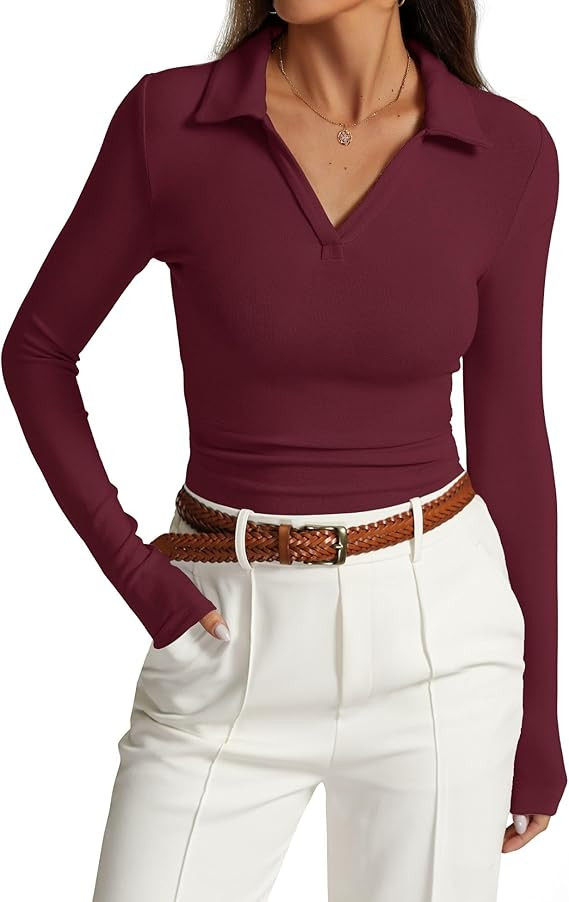 Prettywear Womens Long Sleeve Polo Shirts Collared V Neck Slim Fitted Business Casual Tops Basic ... | Amazon (US)