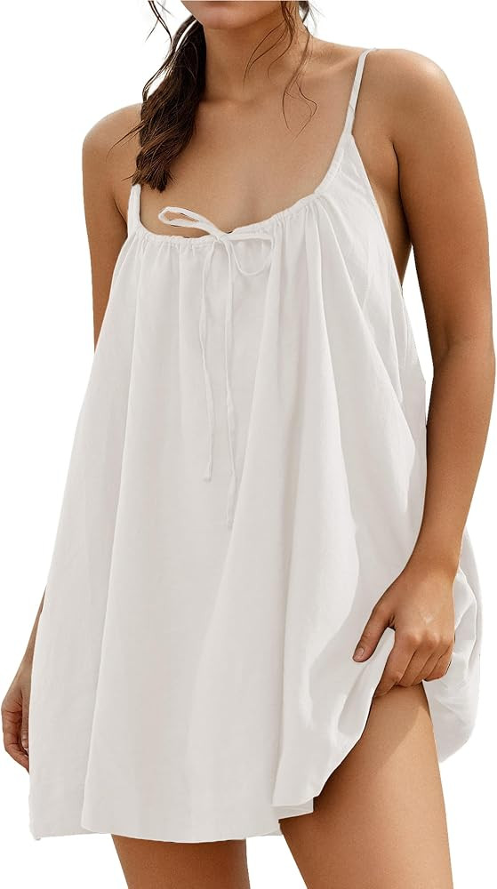 YUENIU Womens Sundresses Mini Linen Beach Cover Up Tank Summer Casual Spaghetti Strap Sleeveless ... | Amazon (US)