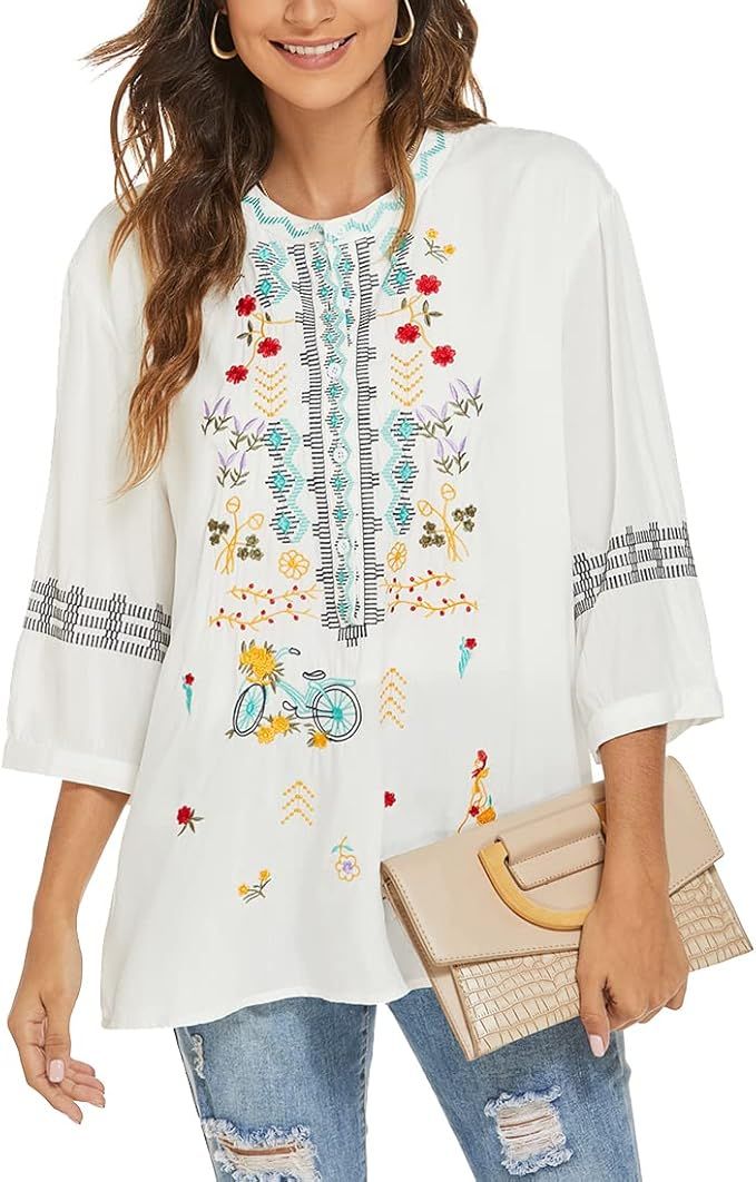 AK Embroidered Tops for Women 3/4 Sleeve Bohemian Mexican Floral Peasant Shirts Loose Tunic Blous... | Amazon (US)