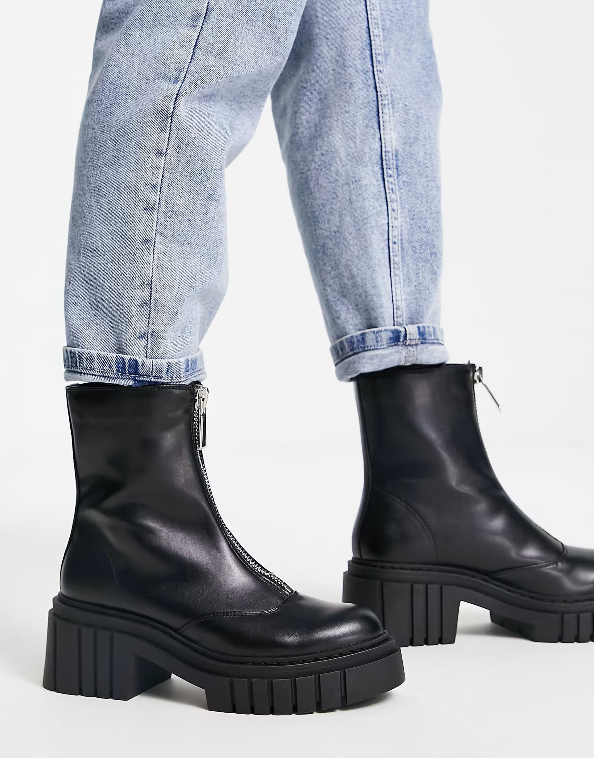 Stradivarius chunky zip front boot in black | ASOS (Global)