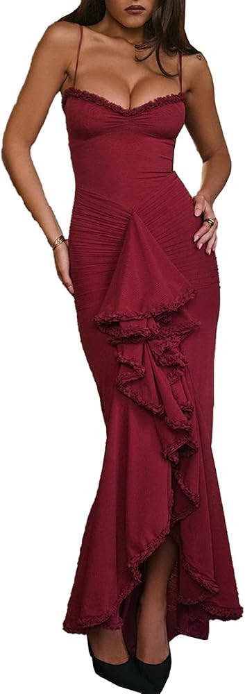 NRTHYE Women Elegant Irregular Ruffles Hem Maxi Dress Mesh Ruched Sleeveless Backless Pleated Lon... | Amazon (US)