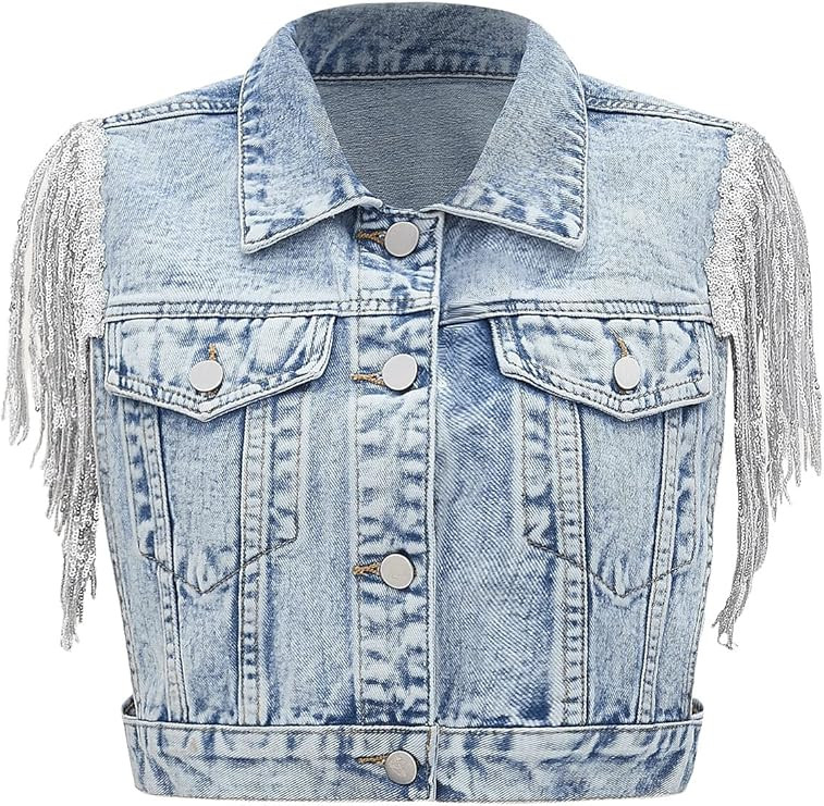SweatyRocks Women's Fringe Button Down Crop Denim Jacket Sleeveless Collared Jean Coats | Amazon (US)