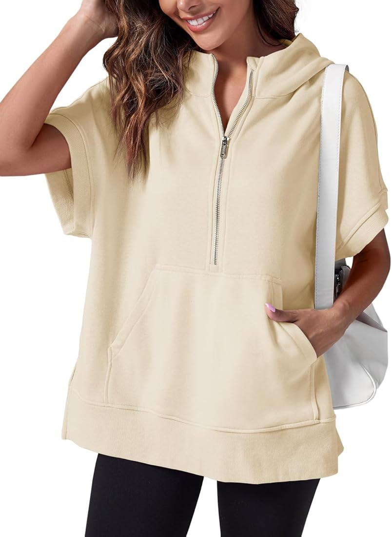 Fisoew Womens Oversized Half Zip Hoodies Short Sleeve Casual Sweatshirts Pullover Tops with Pocke... | Amazon (US)