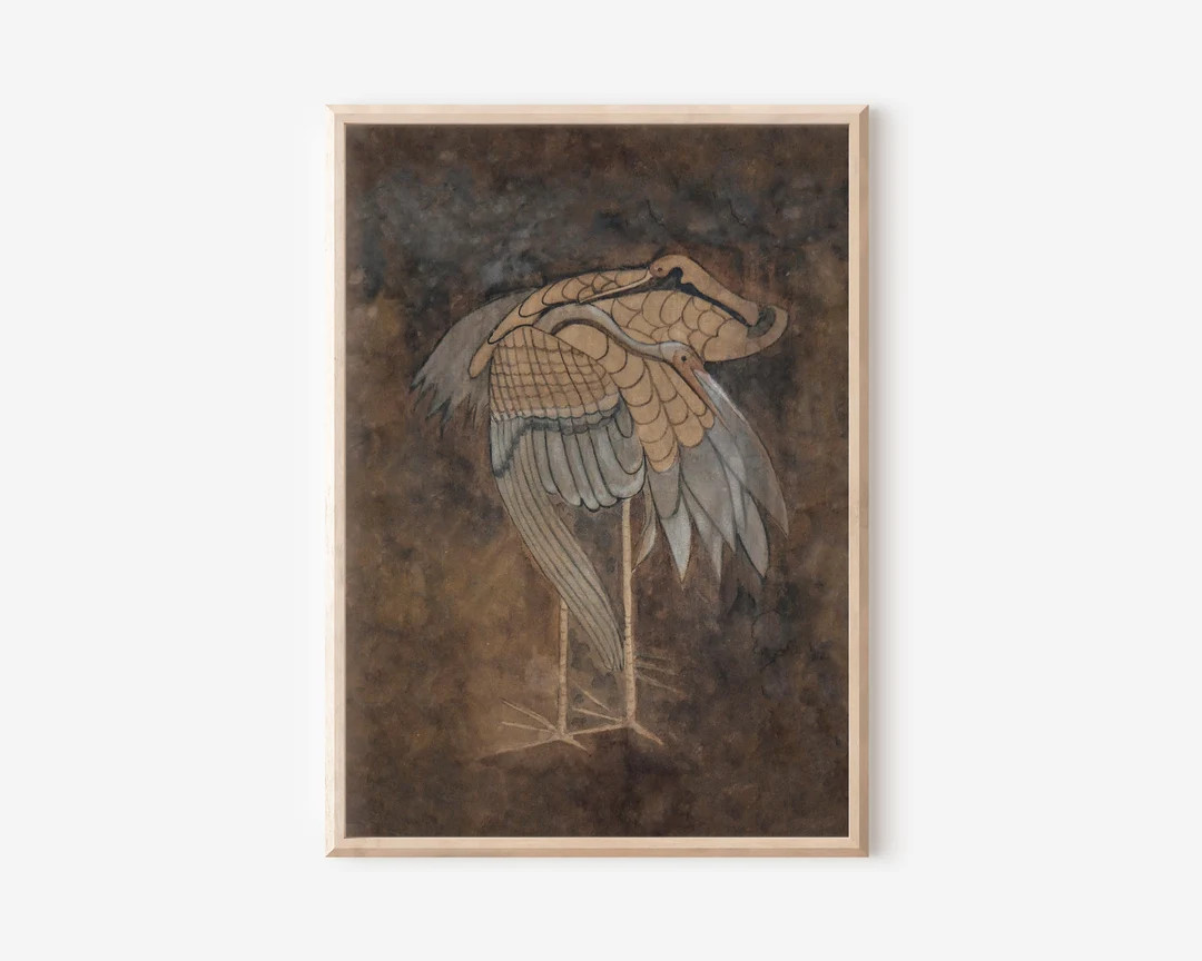 Brown Tonal Antique Crane Painting Printable Vintage Wall Art Farmhouse Decor Oil Painting Galler... | Etsy (US)