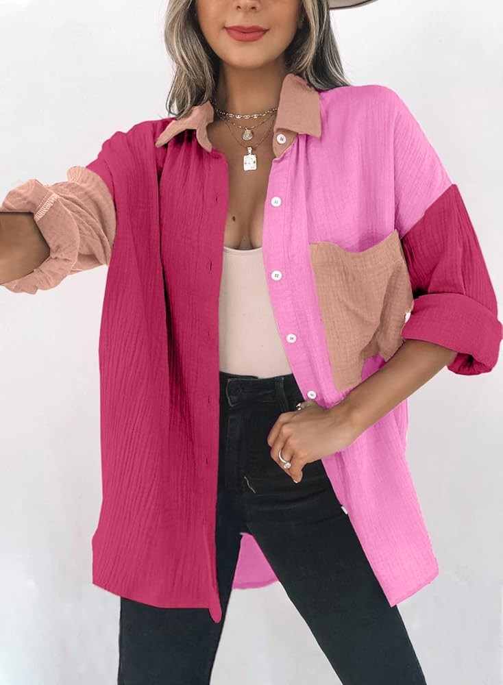 Dokotoo Womens Color Block Button Down Shirts Long Sleeve Oversized Boyfriend Blouses Tops | Amazon (US)