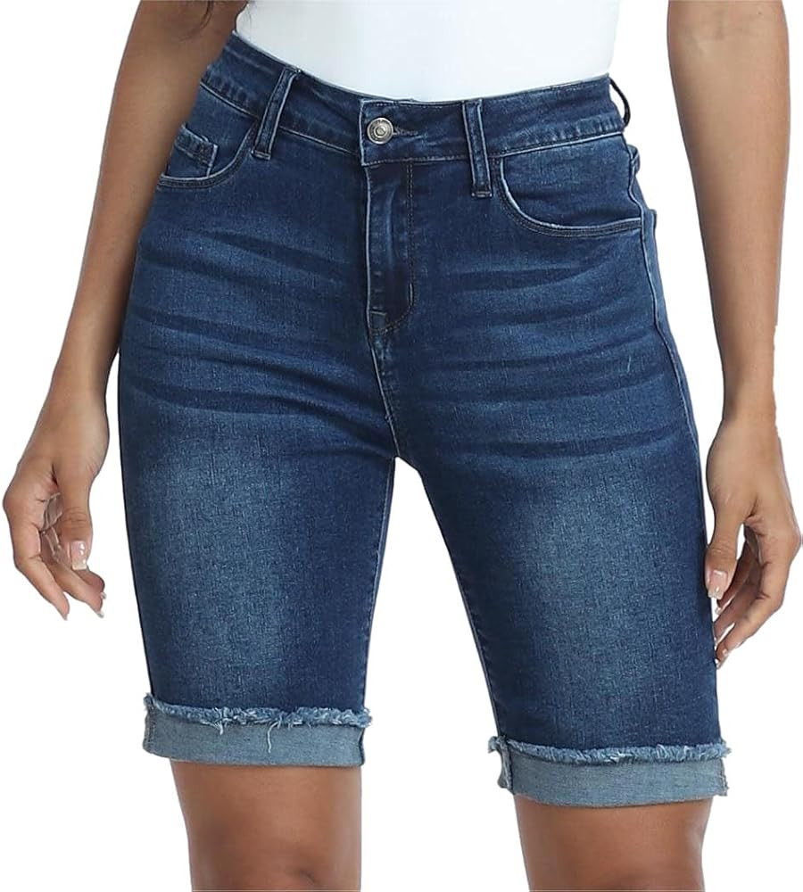 WAYRUNZ Denim Shorts Women Mid Waisted Folded Hem Jean Shorts | Amazon (US)