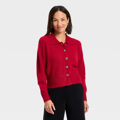 Women's Long Sleeve Heart Button Cardigan Sweater - A New Day™ Dark Red M | Target