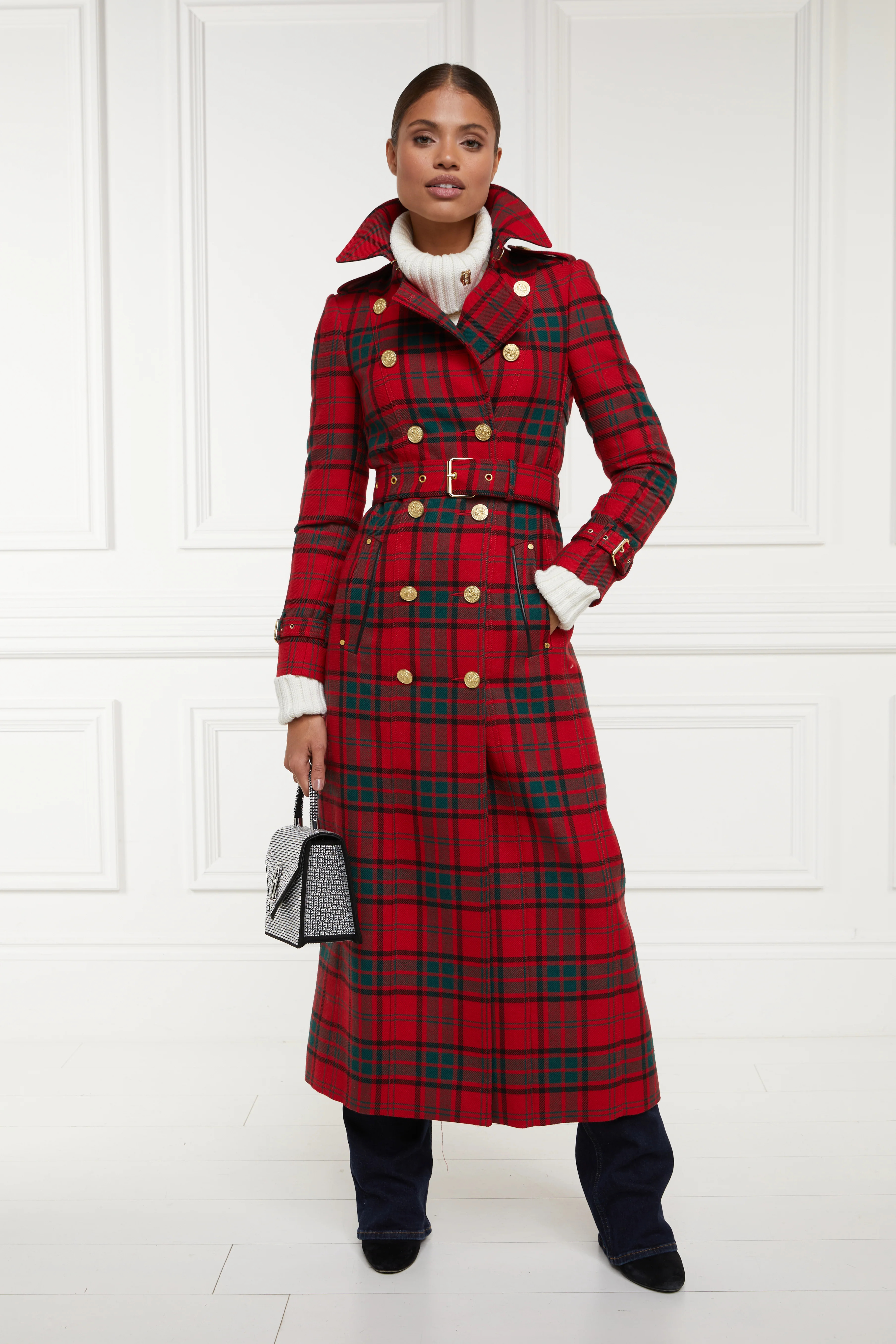 Full Length Marlborough Trench Coat (Red Tartan) | Holland Cooper