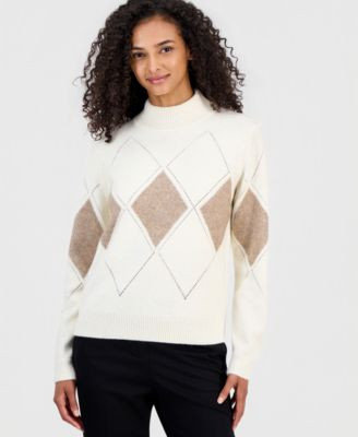 T Tahari Women's Mock Neck Pointelle Argyle Pullover - Cream / Stone Camel | Macy's