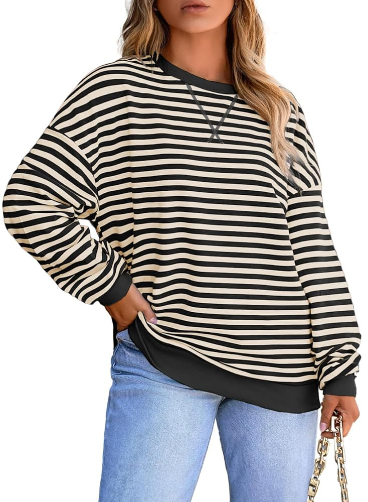 Eytino Women Plus Size Sweatshirt Striped Color Block Crew Neck Pullover Tops Long Sleeve Casual ... | Amazon (US)