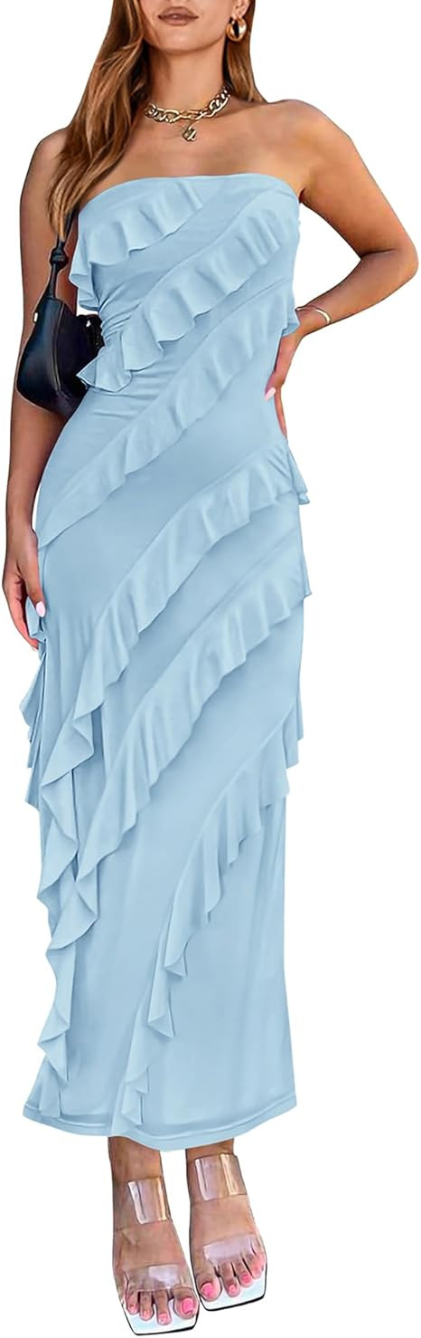 BTFBM Women Summer Elegant Strapless Midi Ruched Bodycon Dress Solid Color Stretch Mesh Slim Part... | Amazon (US)