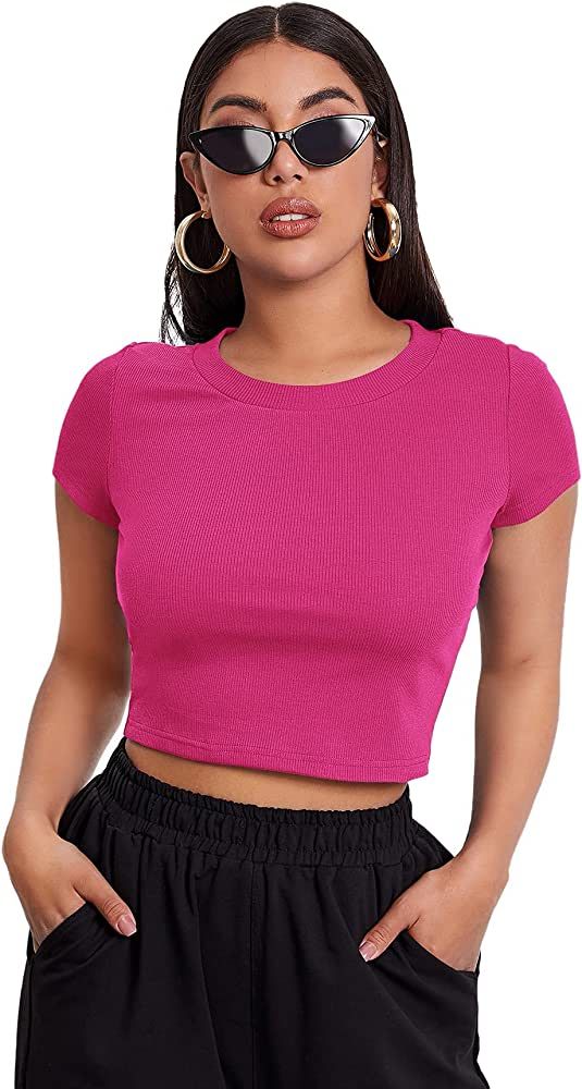 MakeMeChic Women's Cap Sleeve Round Neck Rib Knit Top T Shirt Slim Crop Tee | Amazon (US)