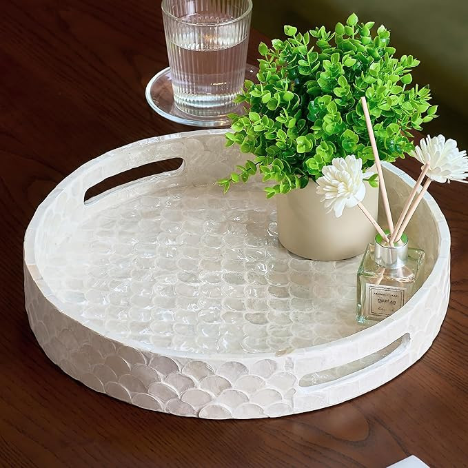 CHI AN HOME 12.6 Inch Capiz Round Decorative Tray, Decorative Serving Tray with Handles for Coffe... | Amazon (US)