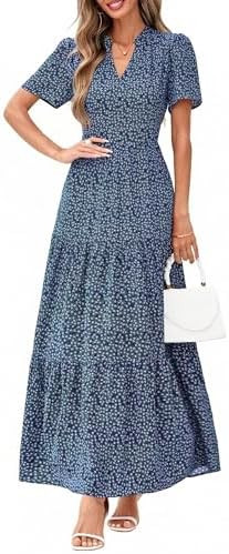 KIRUNDO Womens Summer Floral Maxi Dress Short Sleeve V Neck Boho Long Flowy Casual A Line Dresses... | Amazon (US)