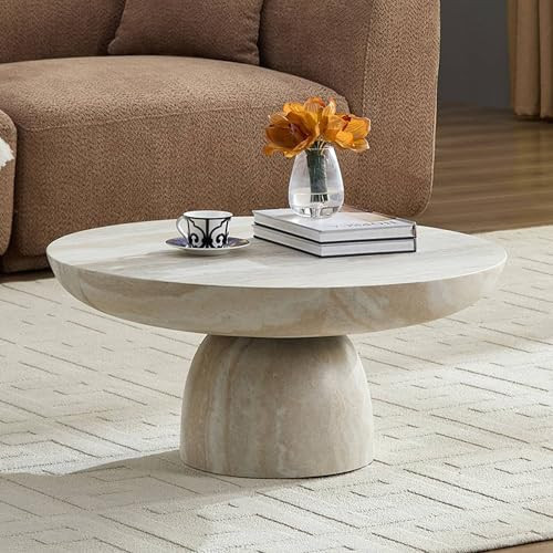 JUSTONE Round Coffee Table for Living Room, 31.5 Inch Modern Accent Table with Faux Stone Beige Weathering Finish, Minimalist Side End Table for Apartment Office | Amazon (US)