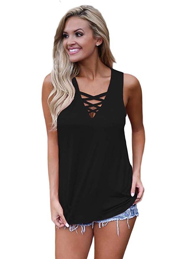 Women's Criss Cross Casual Cami Shirt Sleeveless Tank Top Basic Lace up Blouse | Walmart (US)