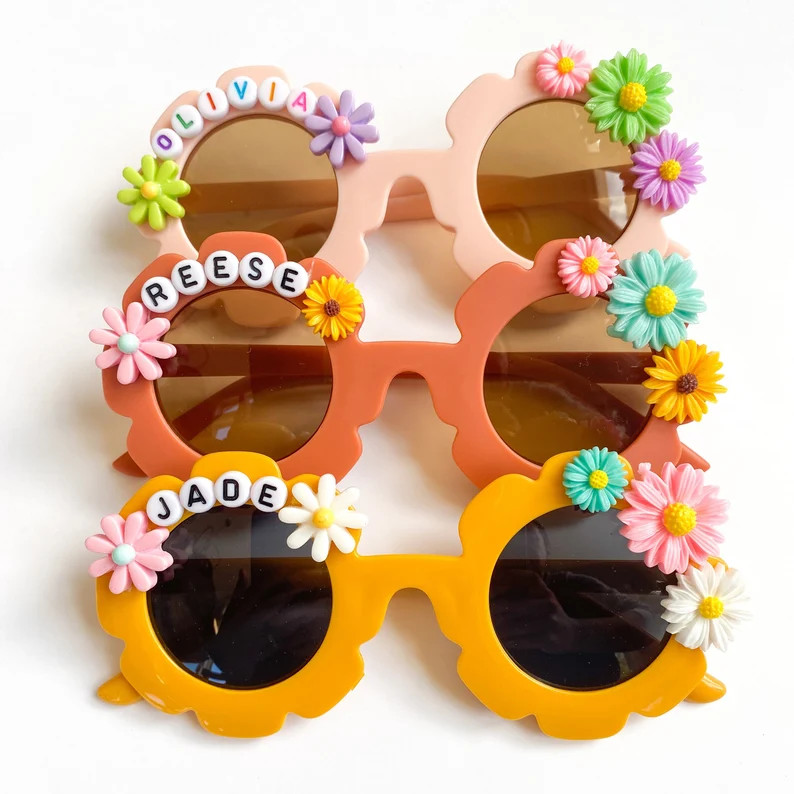 INFLUENCER'S CHOICE. Personalized Girls Kids Flower Sunglasses. Young Wild and Three. Groovy Them... | Etsy (US)