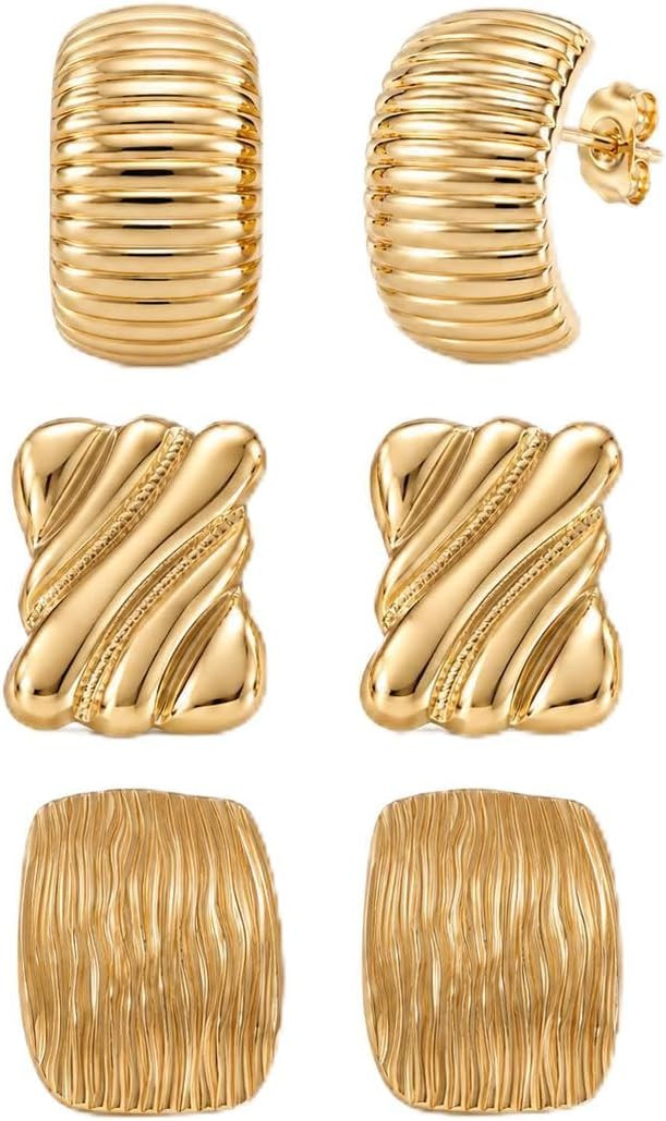 Mahani Chunky Gold Statement Earrings Set for Women – 3 Pairs Textured Gold Stud Earrings, Wate... | Amazon (US)