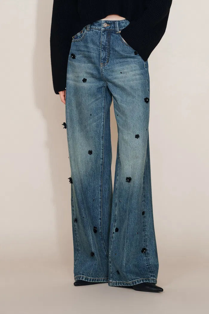 Imogen Hand Beaded Denim Trousers in Cotton Denim | Fabrique