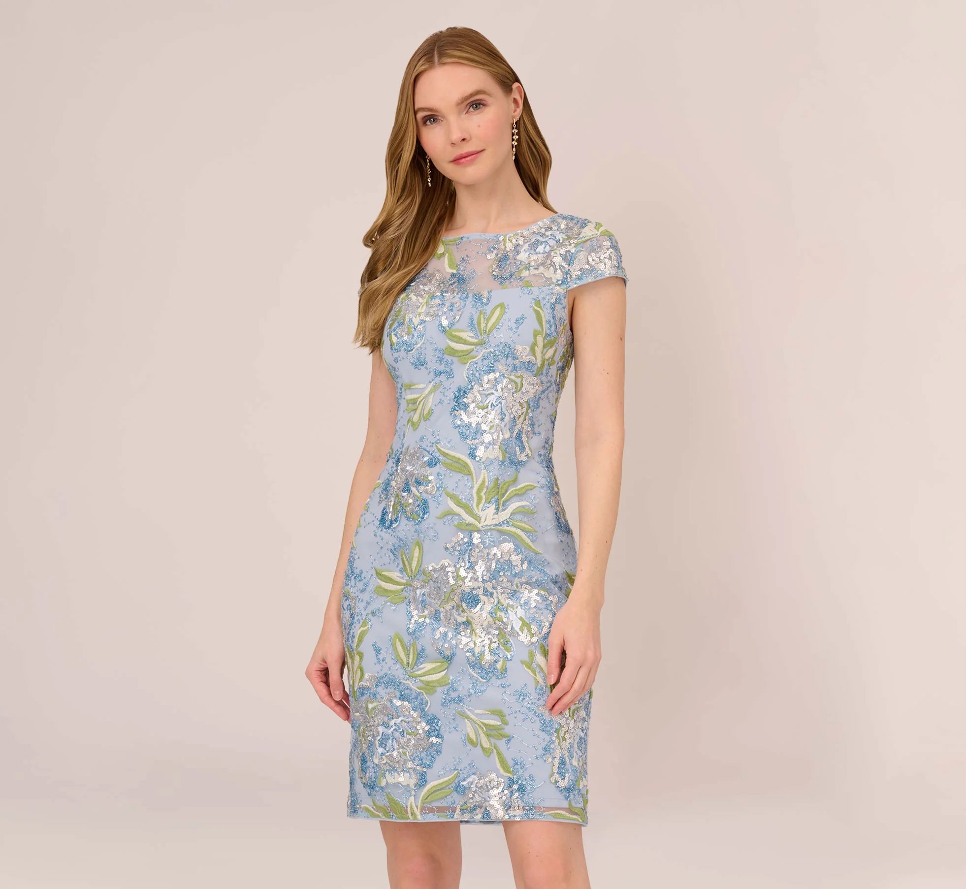 Sequin Floral Embroidered Sheath Dress With Cap Sleeves In Blue Green Multi | Adrianna Papell