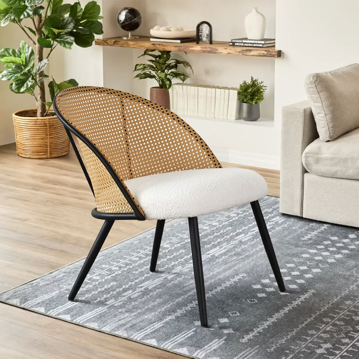 Mesh Rattan Backrest Accent Chair with Black Metal Base,Modern Upholstered White Bouclé Fabric A... | Target