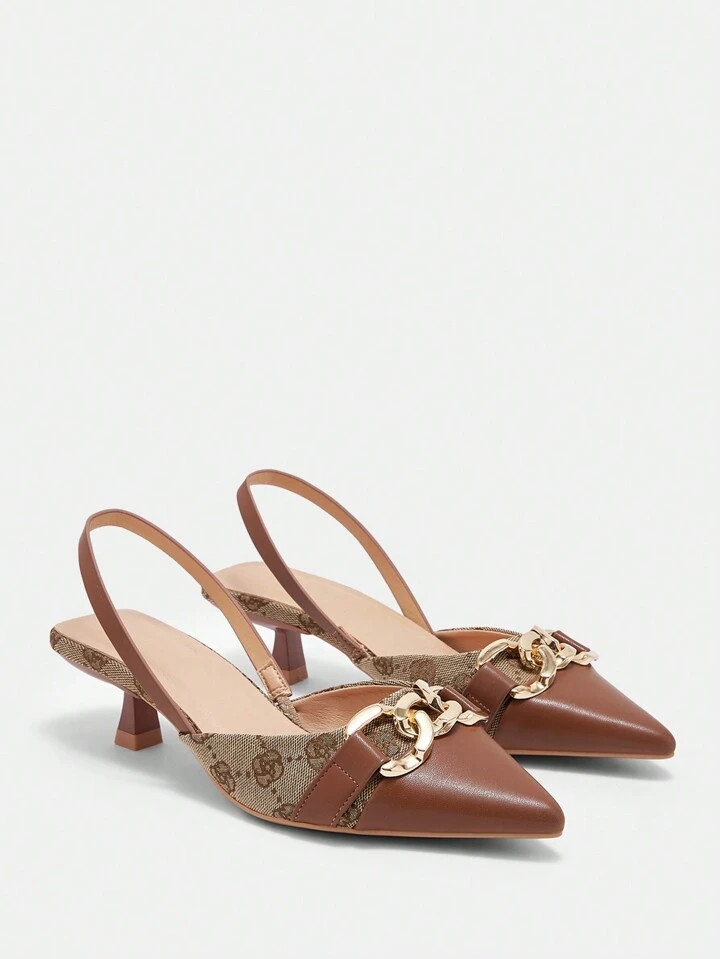 CUCCOO CURVES Women's Vintage Floral Patchwork Chain Decor Pointed Toe Single Strap Kitten Heel P... | SHEIN