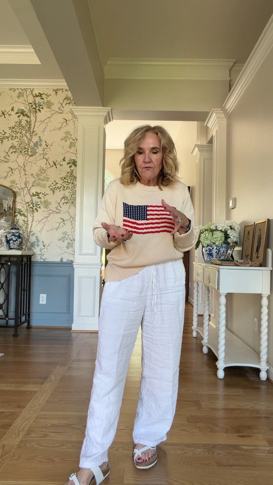 Flag sweater size medium 
White linen pants are lined wearing a size medium

#LTKOver40 #LTKSeasonal #LTKootd