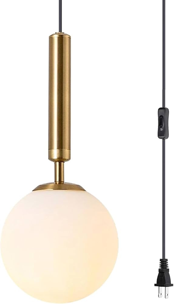 BOKT Mid Century Modern Large Gold Globe Hanging Pendant Light Plug in Brushed Brass White Glass ... | Amazon (US)