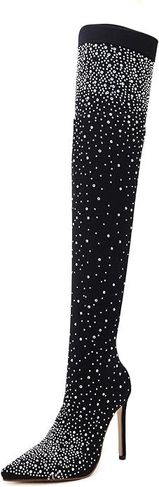 Womens Fine Stretch Mesh Socks Fit Diamante Sparkly Glamor Sexy Pointed Toe Thigh High Heeled Boo... | Amazon (US)