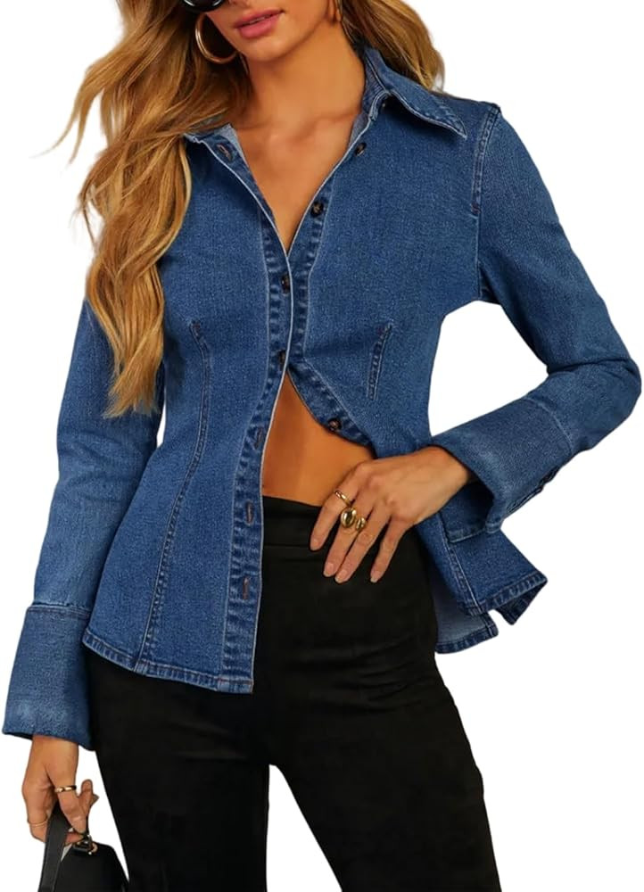 Denim Shirt Tops for Women Button Down Slim Fitted Long Sleeve V Neck Lightweight Jean Jackets | Amazon (US)