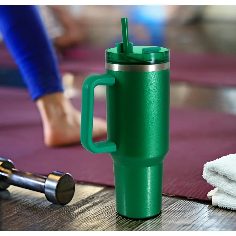 Mainstays 40 oz Stainless Steel Tumbler with Straw and Handle, Double Wall Insulated, Green Hamme... | Walmart (US)
