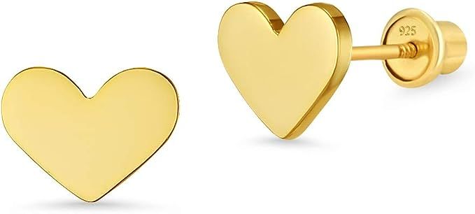 14k Gold Plated Brass Plain Heart Screwback Baby Girls Earrings with Sterling Silver Post | Amazon (US)