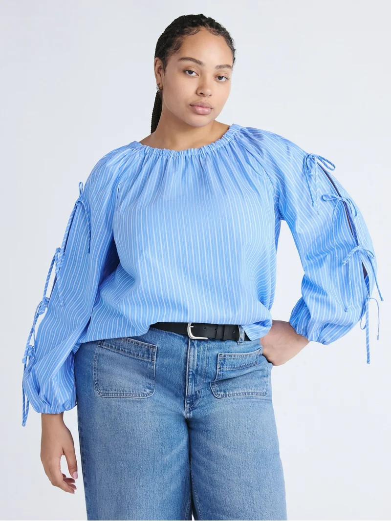 Free Assembly Women's and Women's Plus Gathered Neck Cotton Top with Long Tie Sleeves, Sizes XS-4... | Walmart (US)