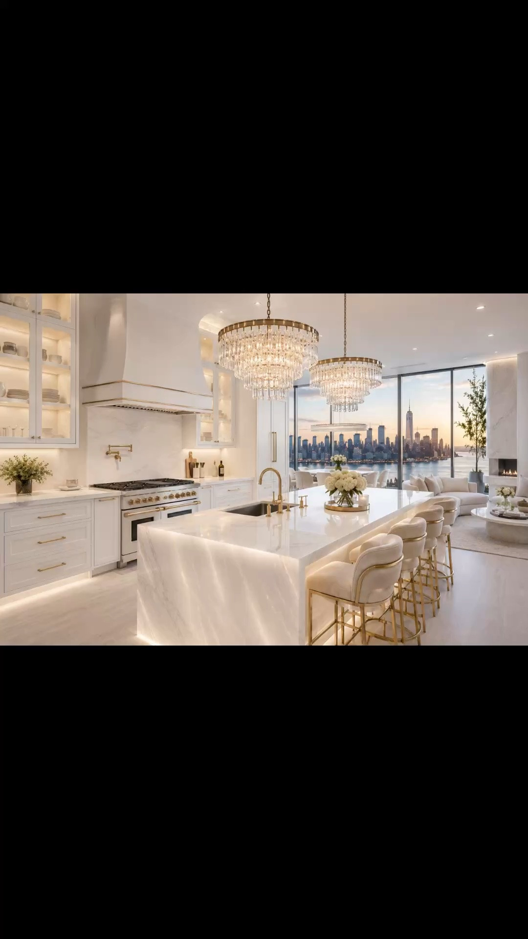Luxury Jersey City Penthouse Kitchen + Living Room | Quiet Luxury Interior Inspiratio

Designed to feel like a private luxury residence above the Manhattan skyline.  

This open-concept penthouse blends soft cream textures, oversized crystal chandeliers, glowing marble finishes, sculptural seating, and panoramic city views into one elevated living experience.  

From the layered architectural lighting to the waterfall marble island, plush textured rug, curated artwork, and modern fireplace wall, every detail was selected to create warmth, serenity, and timeless luxury.  

This is the kind of home that makes everyday living feel cinematic.  

Shop the complete luxury interior through my LTK:  
https://www.shopltk.com/explore/The_Elegant_Curator?tab=posts

#luxuryliving
#quietluxury
#luxurykitchen
#modernluxuryhome
#statementlighting
#penthouseinteriors

#LTKHome #LTKvlog