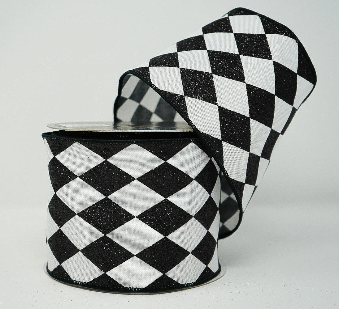 Black & White Glitter Jester Diamond Ribbon | Hello Holidays