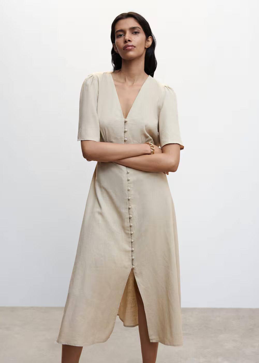 Buttoned linen-blend dress -  Women | Mango USA | MANGO (US)
