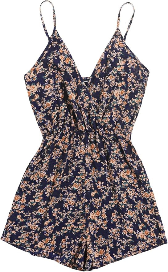 SheIn Women's V Neck Tropical Print Elastic Waist Tulip Hem Cami Romper | Amazon (US)