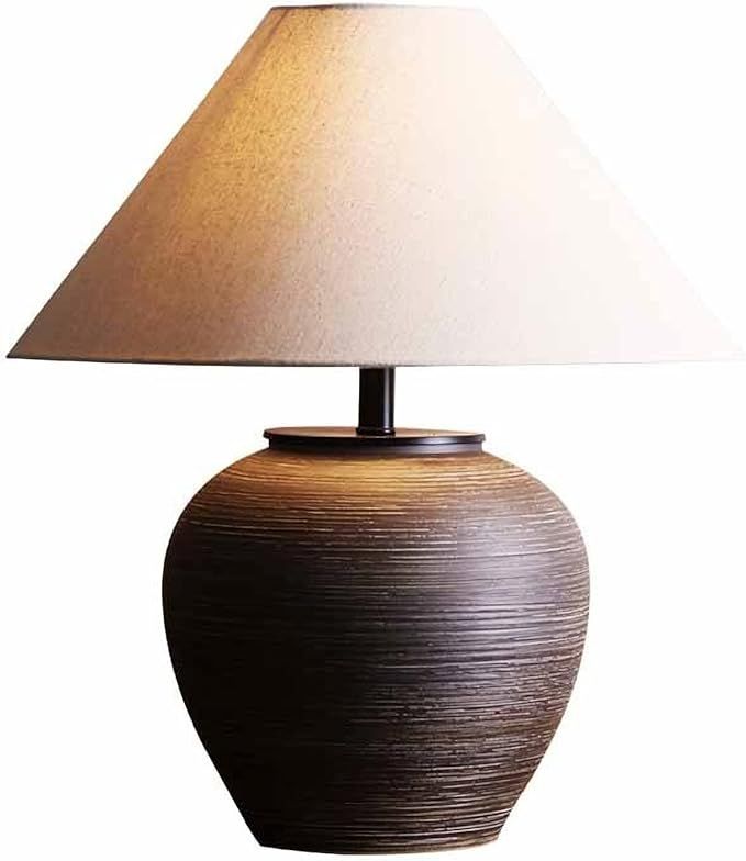 19.6'' Neutral Round Ceramic Table Lamp Rustic Retro Table Lamp Black Check Body with Off-White F... | Amazon (US)