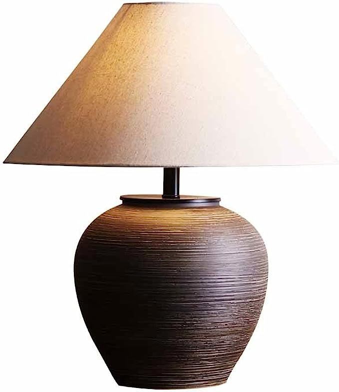 19.6'' Neutral Round Ceramic Table Lamp Rustic Retro Table Lamp Black Check Body with Off-White F... | Amazon (US)